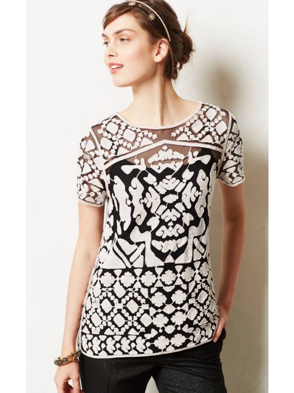Anthropologie Everleigh Top XS Rococo Sheer Embroidered Mesh Blouse Black White